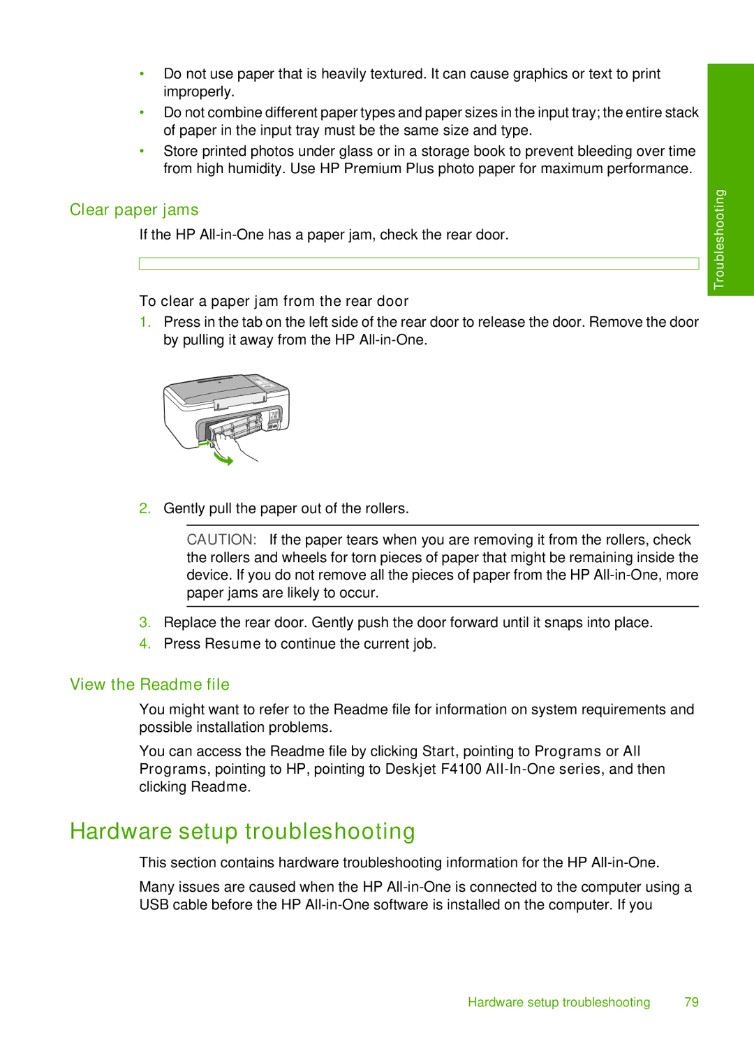 HP F4185 Hardware setup troubleshooting, Clear paper jams, View the Readme file, To clear a paper jam from the rear door 