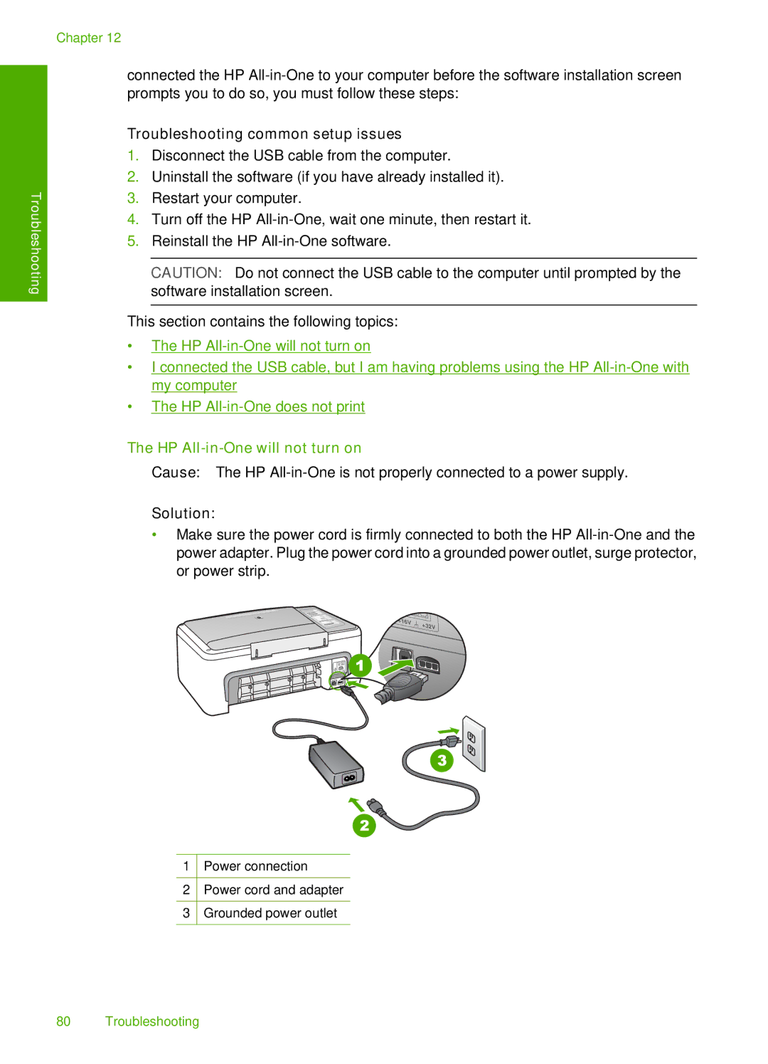 HP F4172, F4140, F4185, F4190, F4180 manual Troubleshooting common setup issues, HP All-in-One will not turn on, Solution 