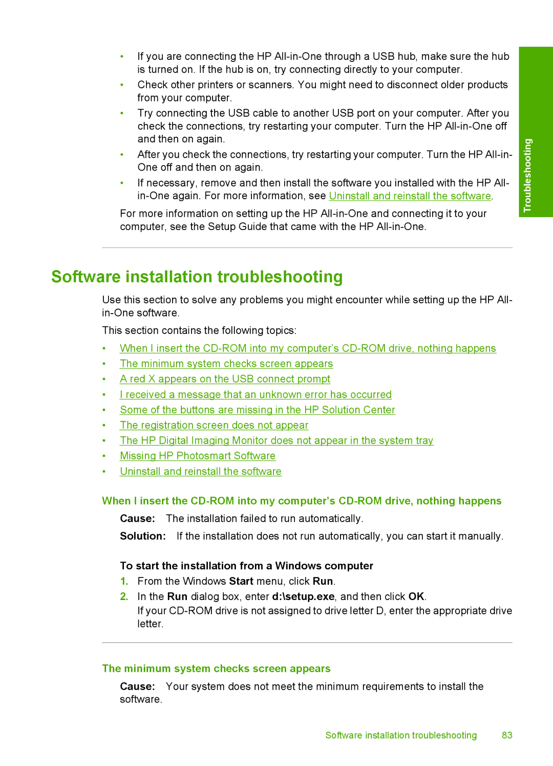 HP F4140, F4185, F4172, F4190, F4180 Software installation troubleshooting, To start the installation from a Windows computer 