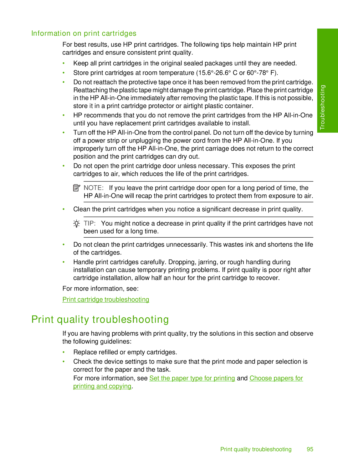 HP F4172, F4140, F4185, F4190, F4180 manual Print quality troubleshooting, Information on print cartridges 