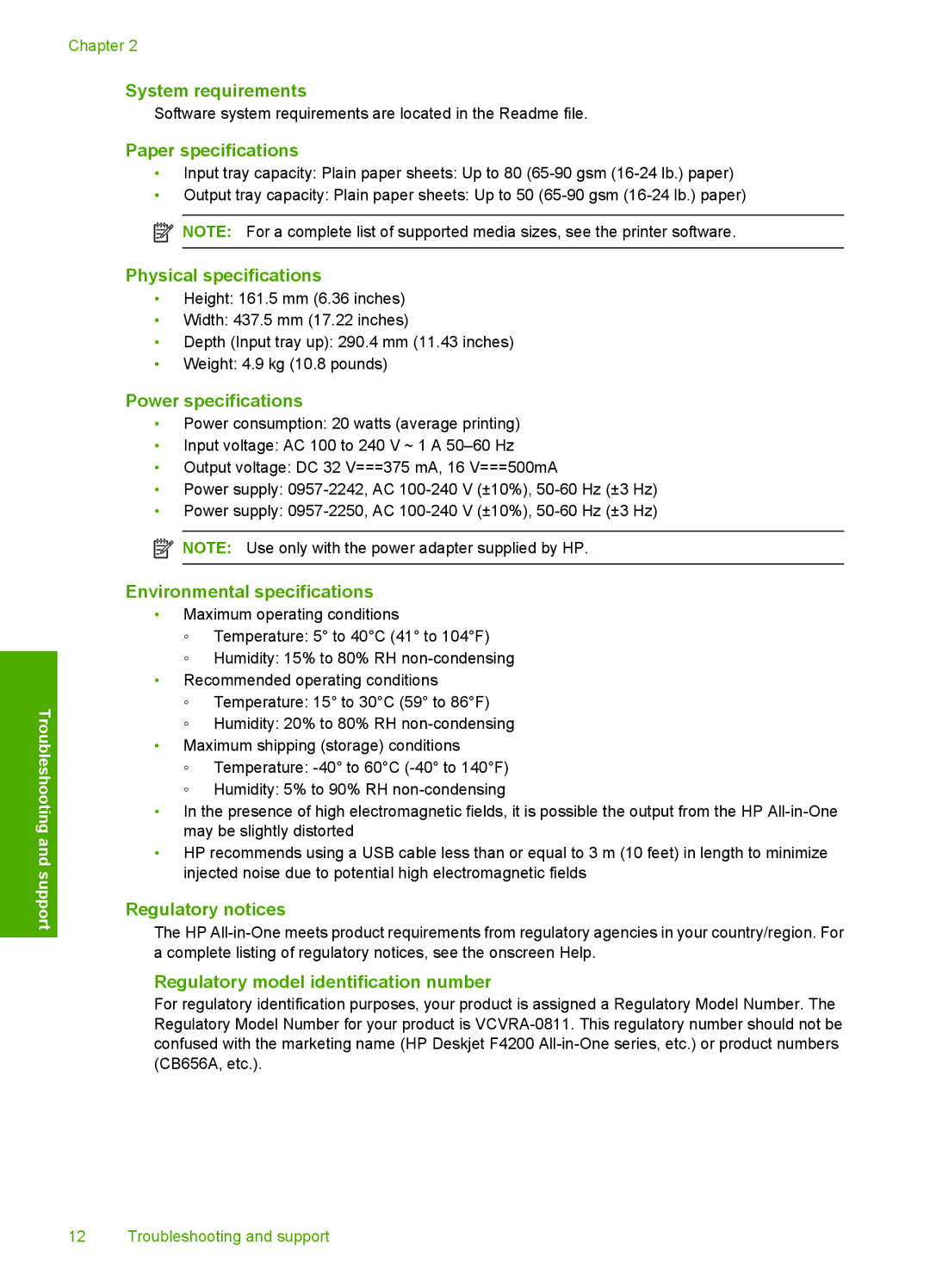 HP F4200 System requirements, Paper specifications, Physical specifications, Power specifications, Regulatory notices 