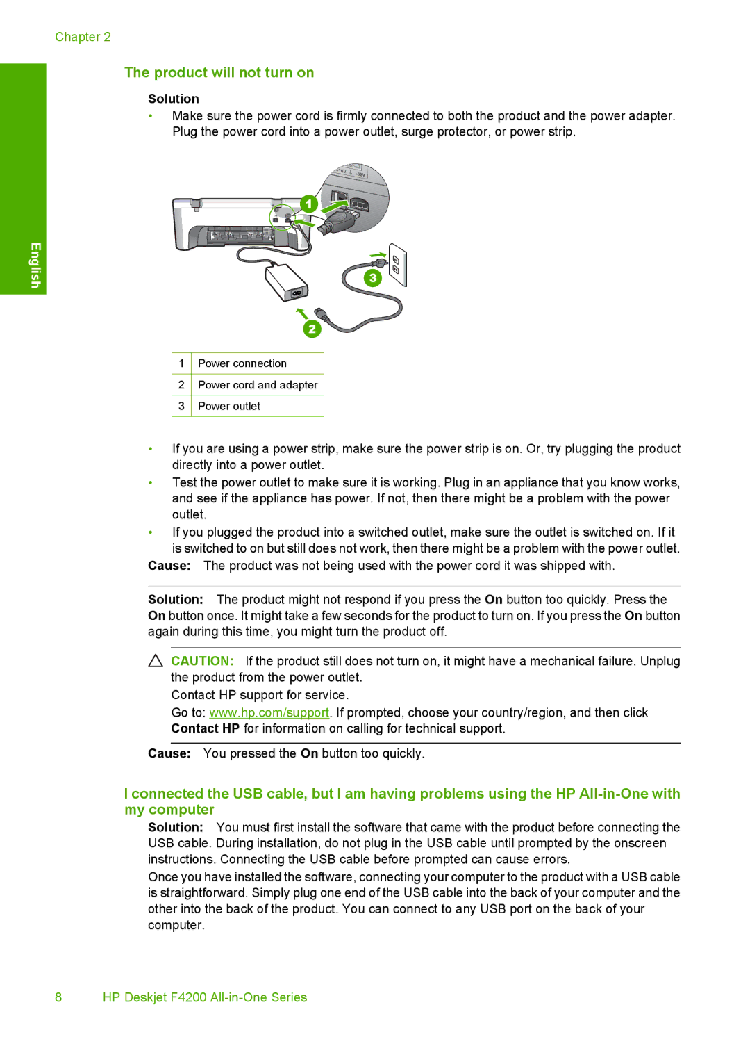 HP F4210 manual Power connection Power cord and adapter Power outlet 