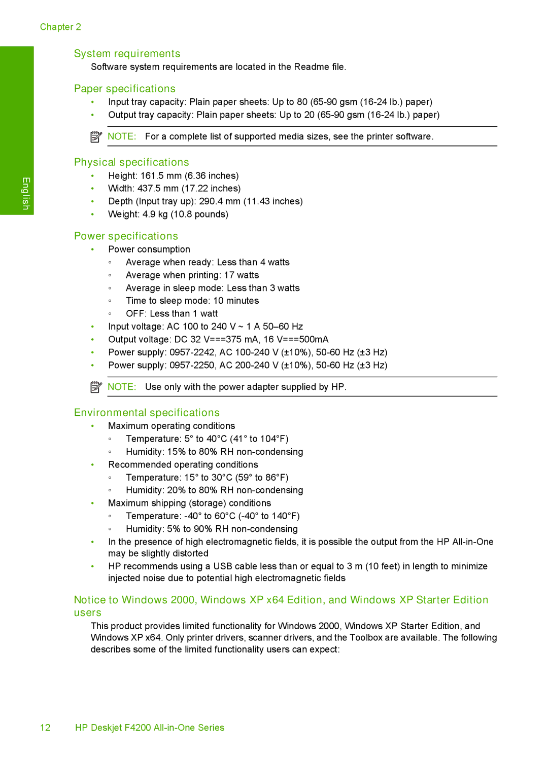 HP F4210 manual System requirements, Paper specifications, Physical specifications, Power specifications 