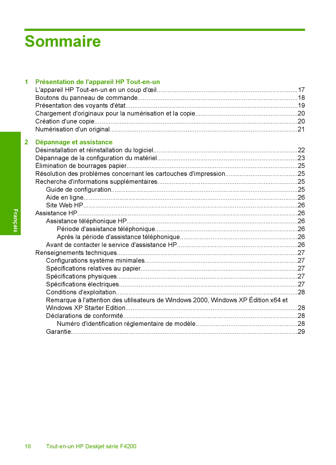 HP F4210 manual Sommaire, Présentation de lappareil HP Tout-en-un, Dépannage et assistance 