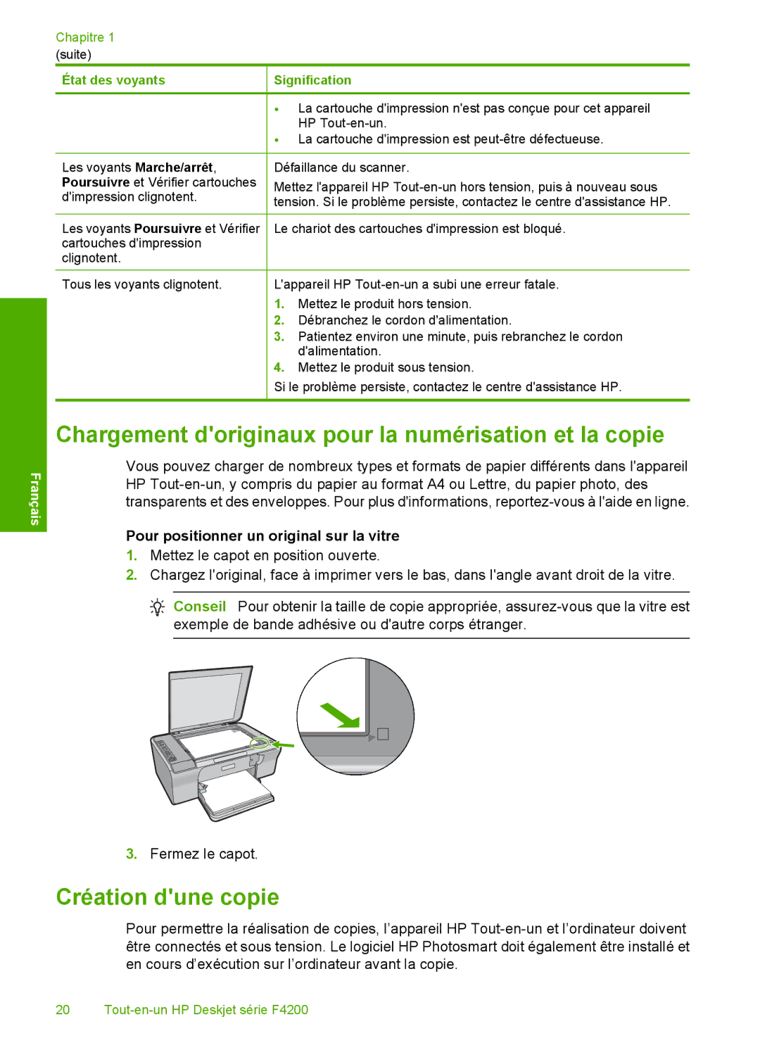 HP F4210 manual Chargement doriginaux pour la numérisation et la copie, Création dune copie 