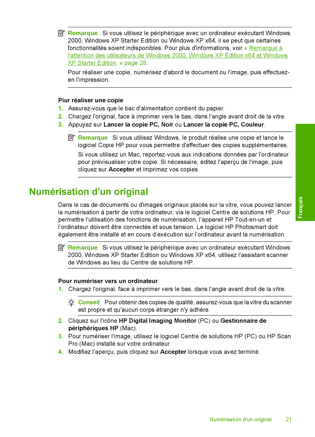 HP F4210 manual Numérisation dun original, Piur réaliser une copie 