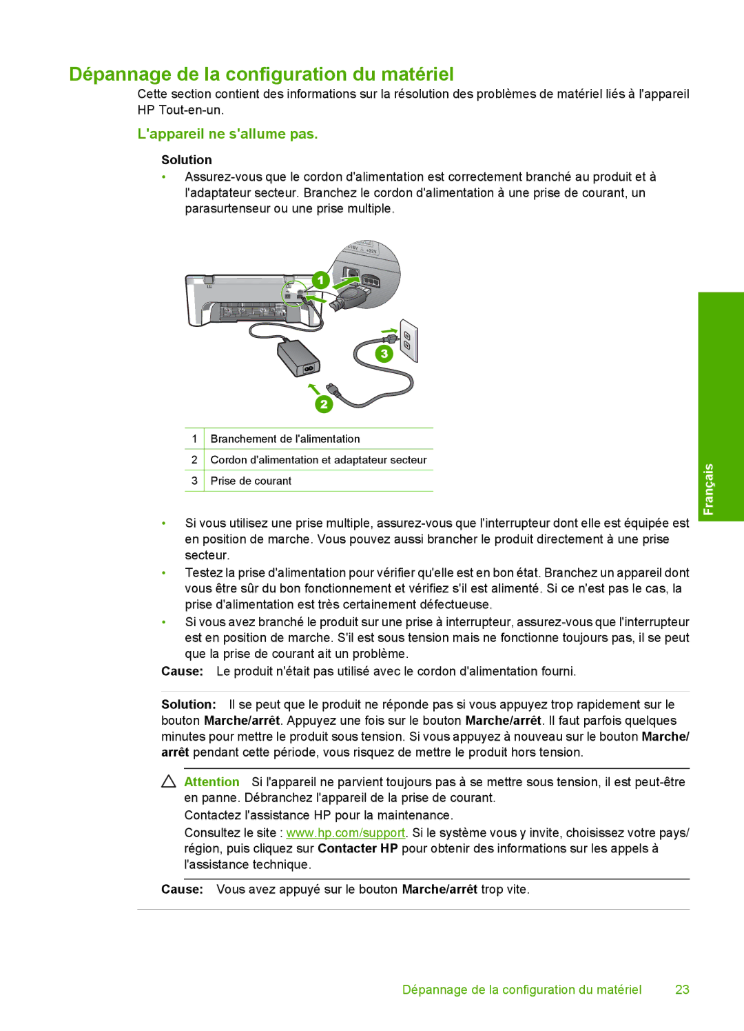 HP F4210 manual Dépannage de la configuration du matériel 