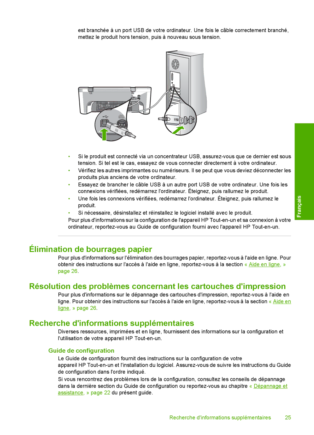 HP F4210 manual Élimination de bourrages papier, Recherche dinformations supplémentaires, Guide de configuration 