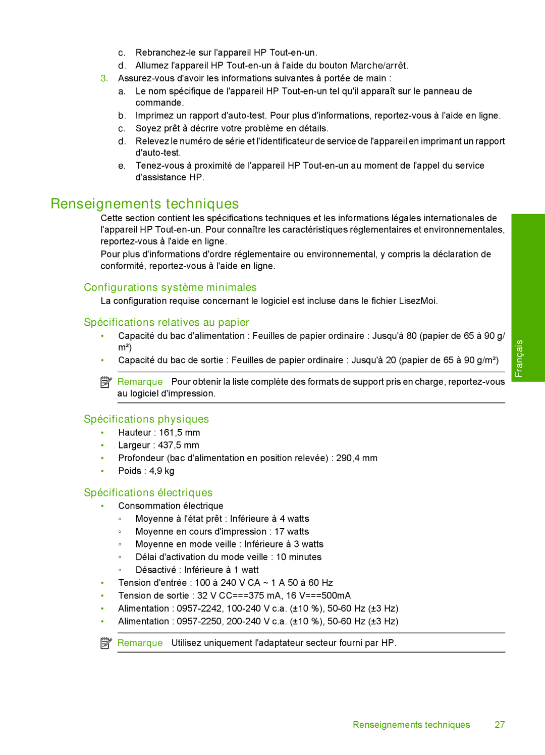 HP F4210 manual Renseignements techniques, Configurations système minimales, Spécifications relatives au papier 