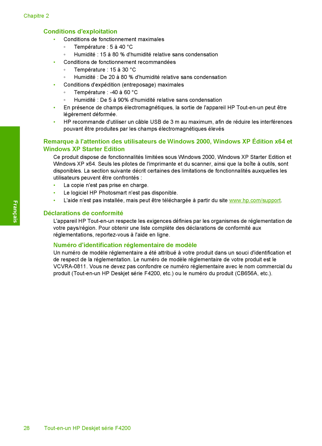 HP F4210 manual Conditions dexploitation, Déclarations de conformité, Numéro didentification réglementaire de modèle 