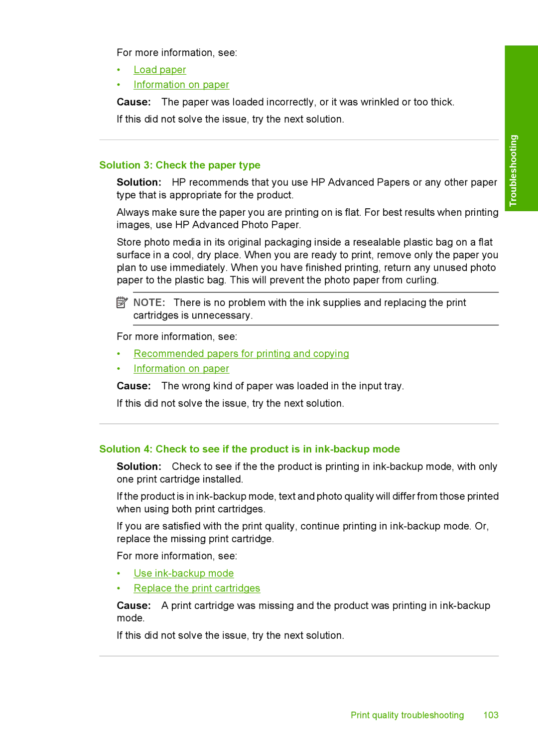 HP F4280, F4240, F4235 manual Solution 3 Check the paper type, Solution 4 Check to see if the product is in ink-backup mode 