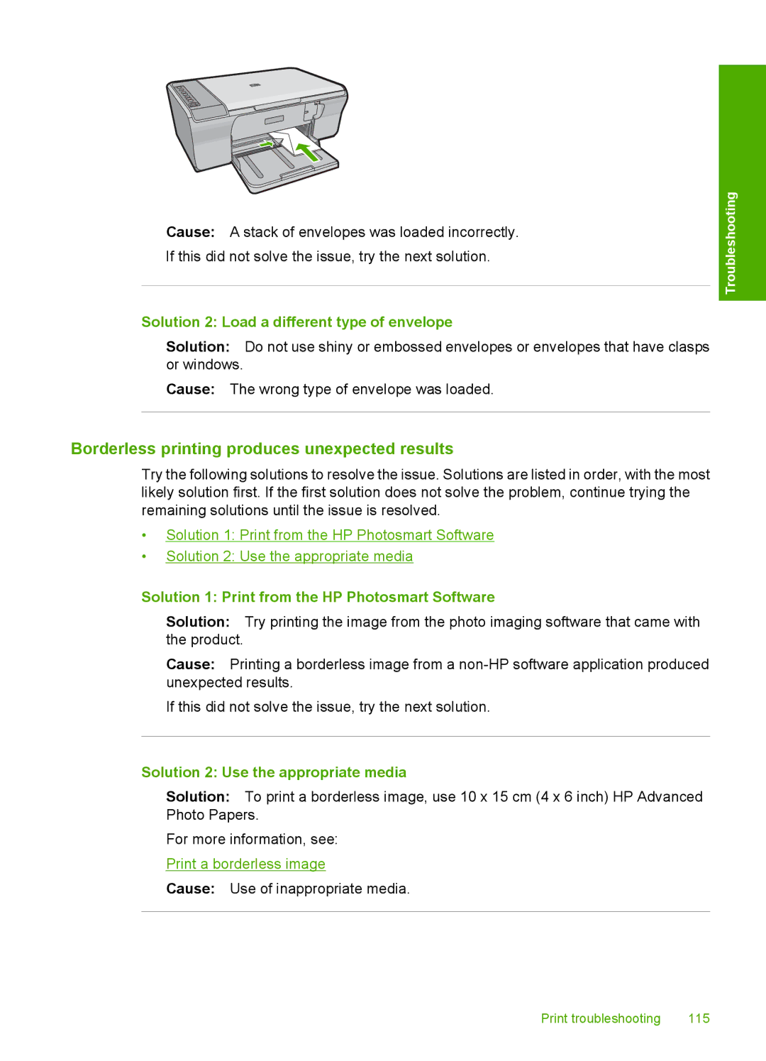 HP F4280, F4240, F4235 manual Borderless printing produces unexpected results, Solution 2 Load a different type of envelope 