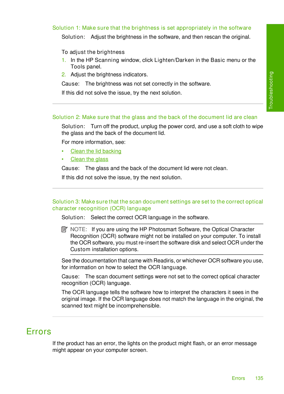 HP F4240, F4280, F4235 manual Errors, To adjust the brightness 