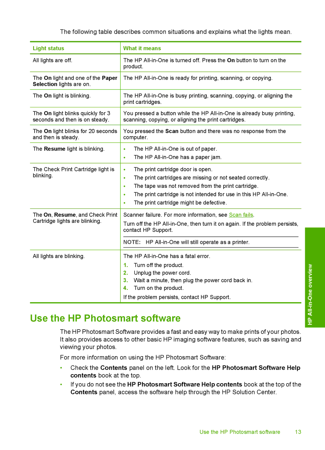 HP F4280, F4240, F4235 manual Use the HP Photosmart software, Light status 