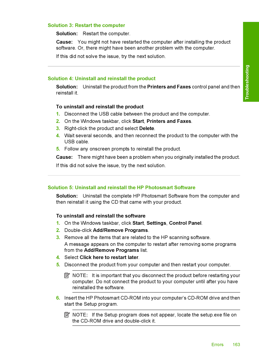 HP F4280, F4240, F4235 manual Solution 3 Restart the computer, Solution 4 Uninstall and reinstall the product 