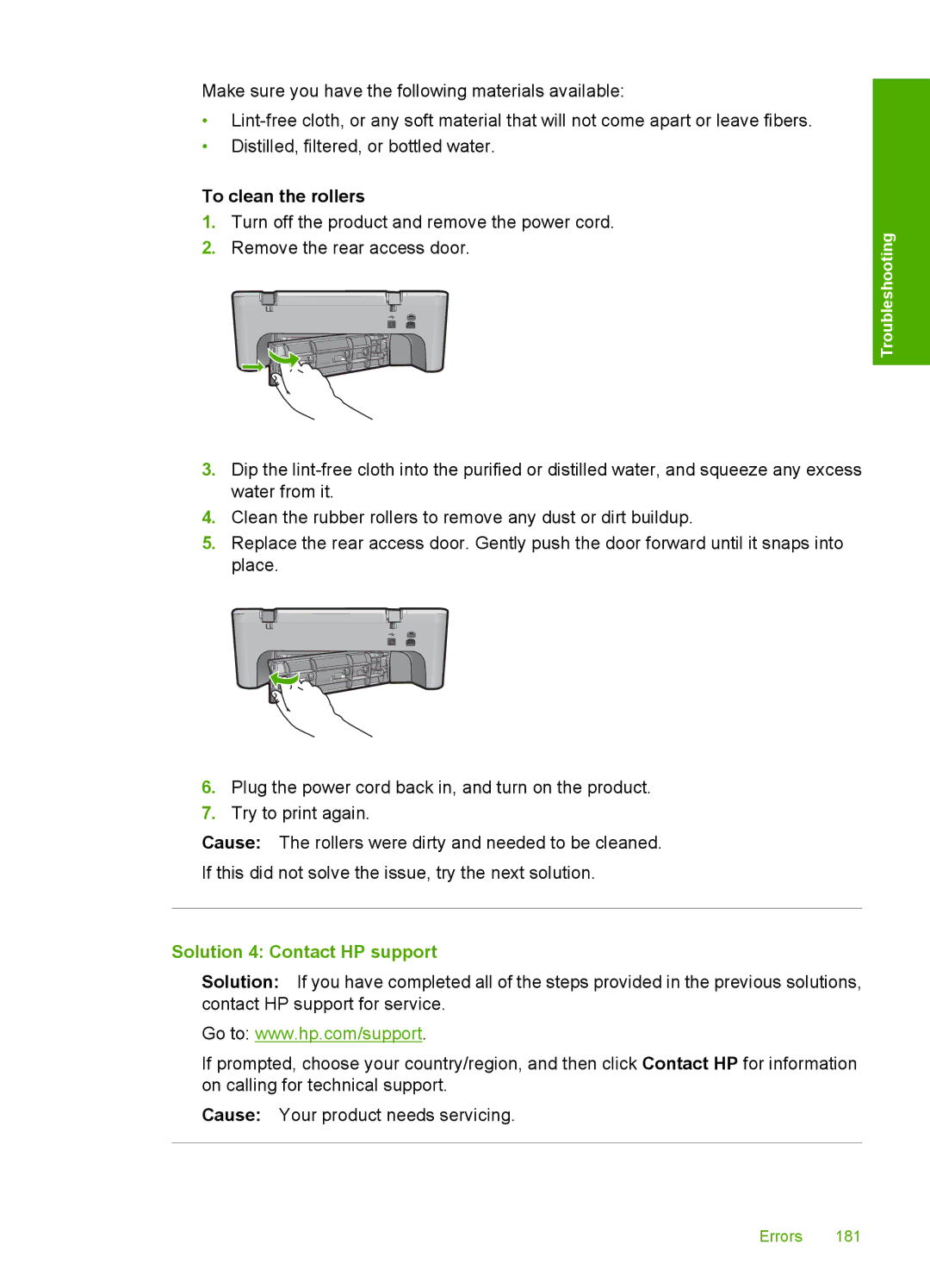 HP F4280, F4240, F4235 manual To clean the rollers, Solution 4 Contact HP support 