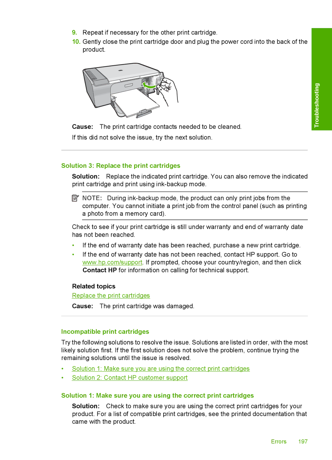 HP F4235, F4240, F4280 manual Solution 3 Replace the print cartridges, Incompatible print cartridges 