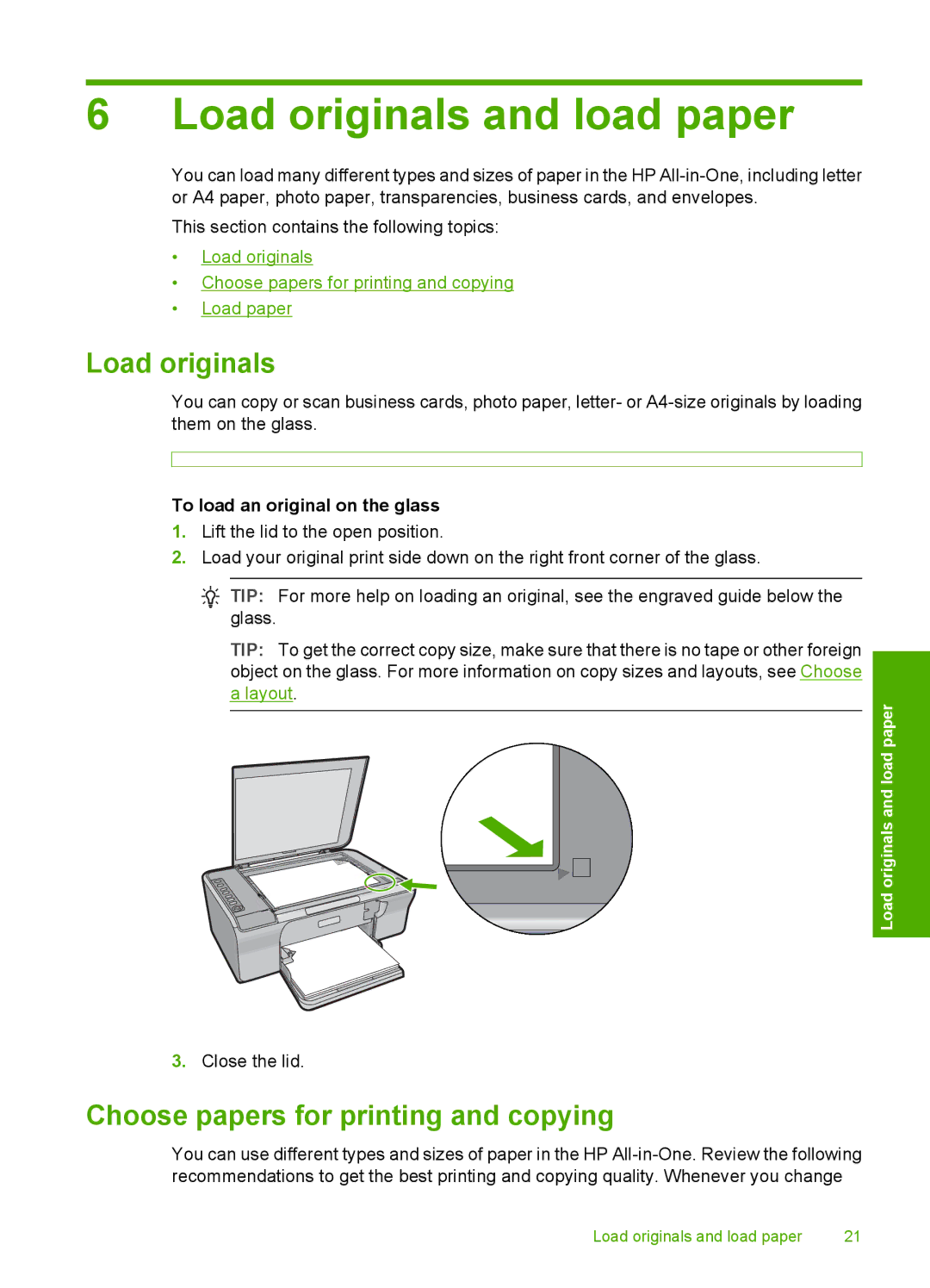 HP F4240, F4280 Load originals and load paper, Choose papers for printing and copying, To load an original on the glass 