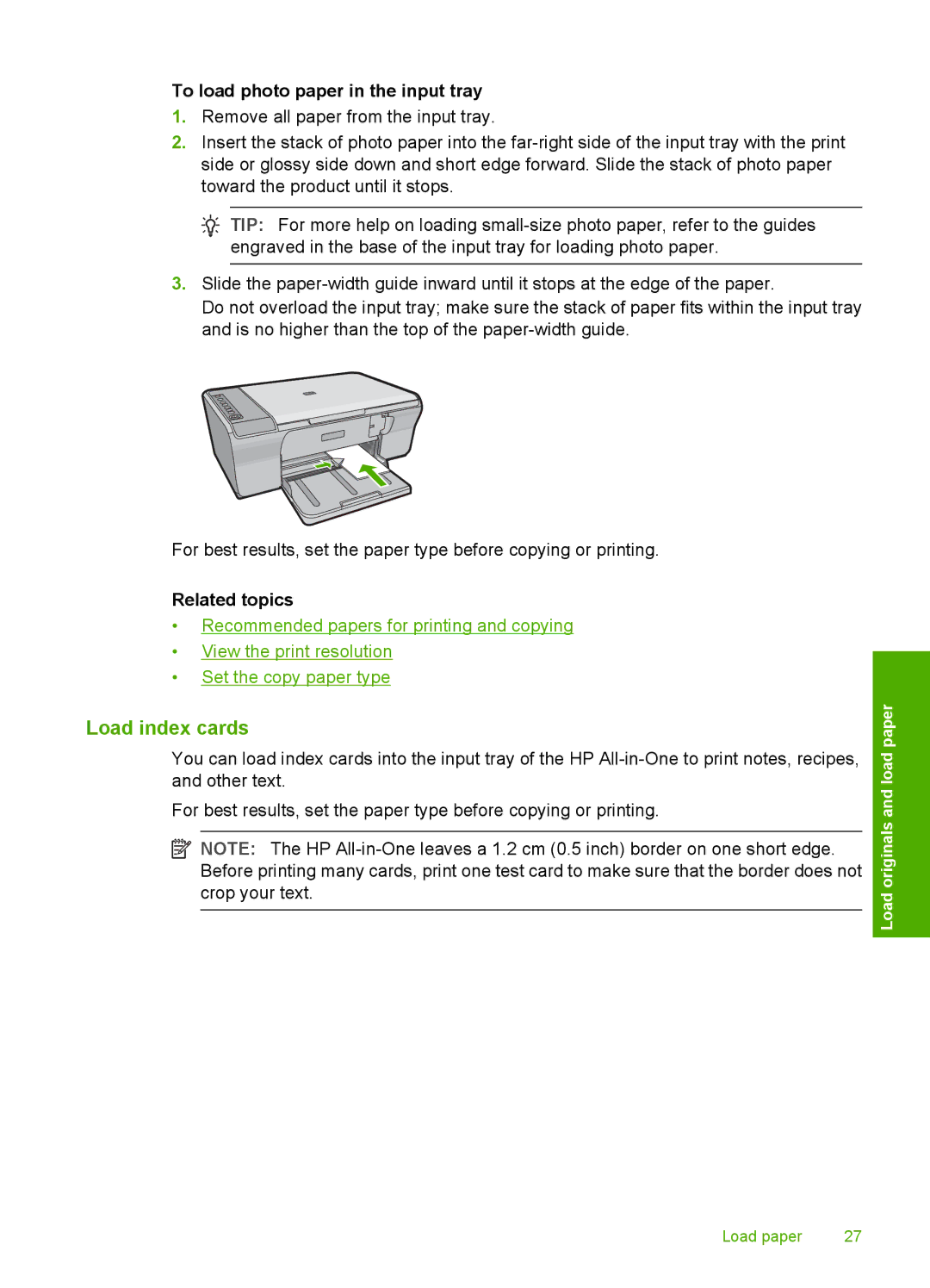 HP F4240, F4280, F4235 manual Load index cards, To load photo paper in the input tray, Related topics 