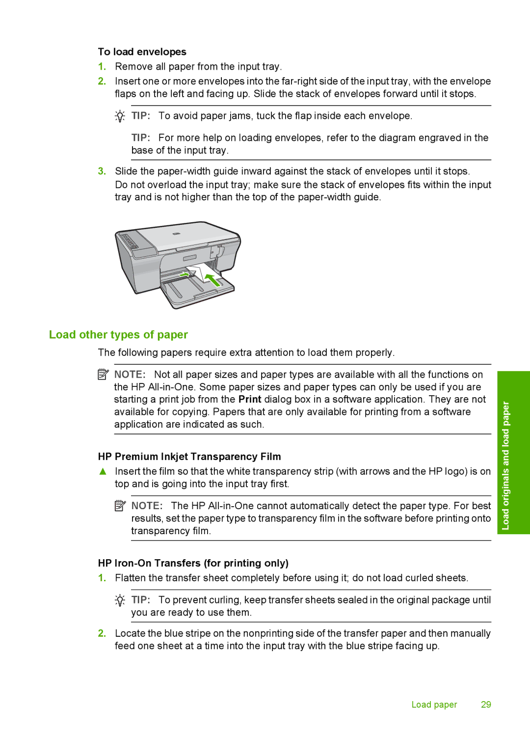 HP F4235, F4240, F4280 manual Load other types of paper, To load envelopes, HP Iron-On Transfers for printing only 