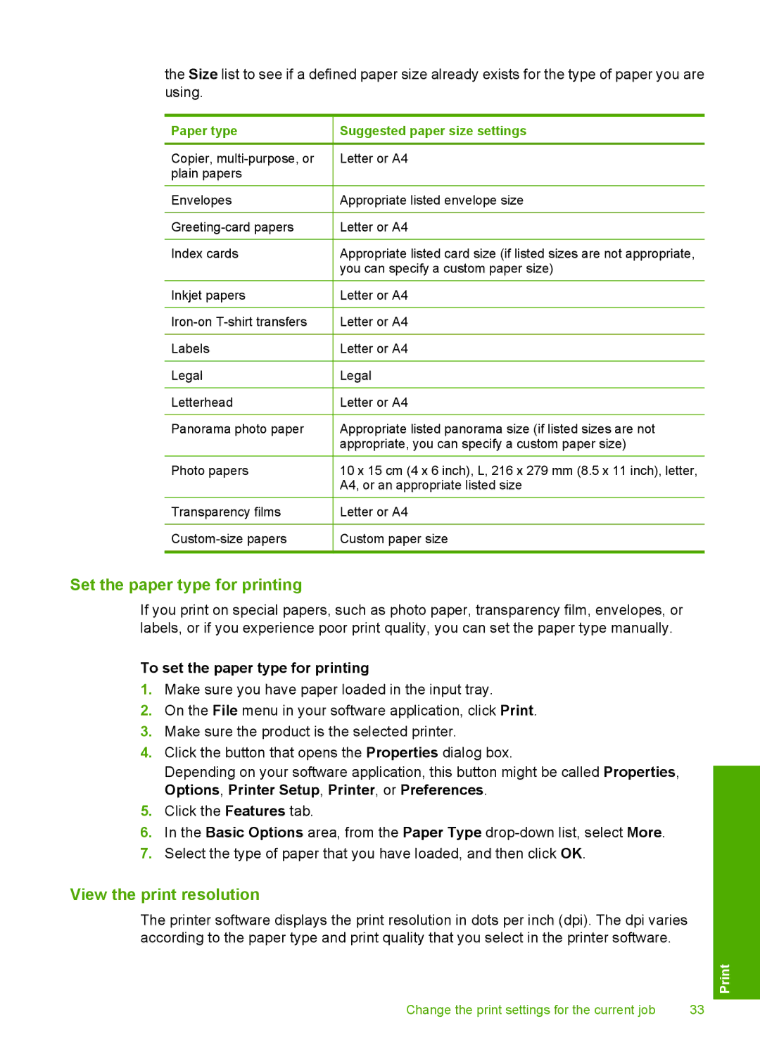 HP F4240, F4280, F4235 manual Set the paper type for printing, View the print resolution, To set the paper type for printing 