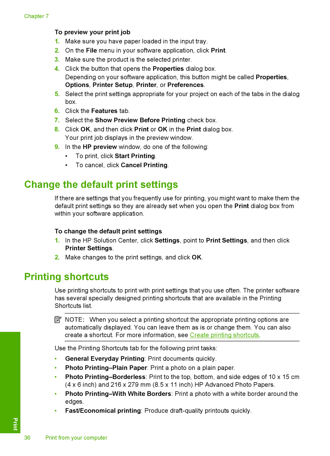 HP F4240, F4280, F4235 manual Change the default print settings, Printing shortcuts, To preview your print job 