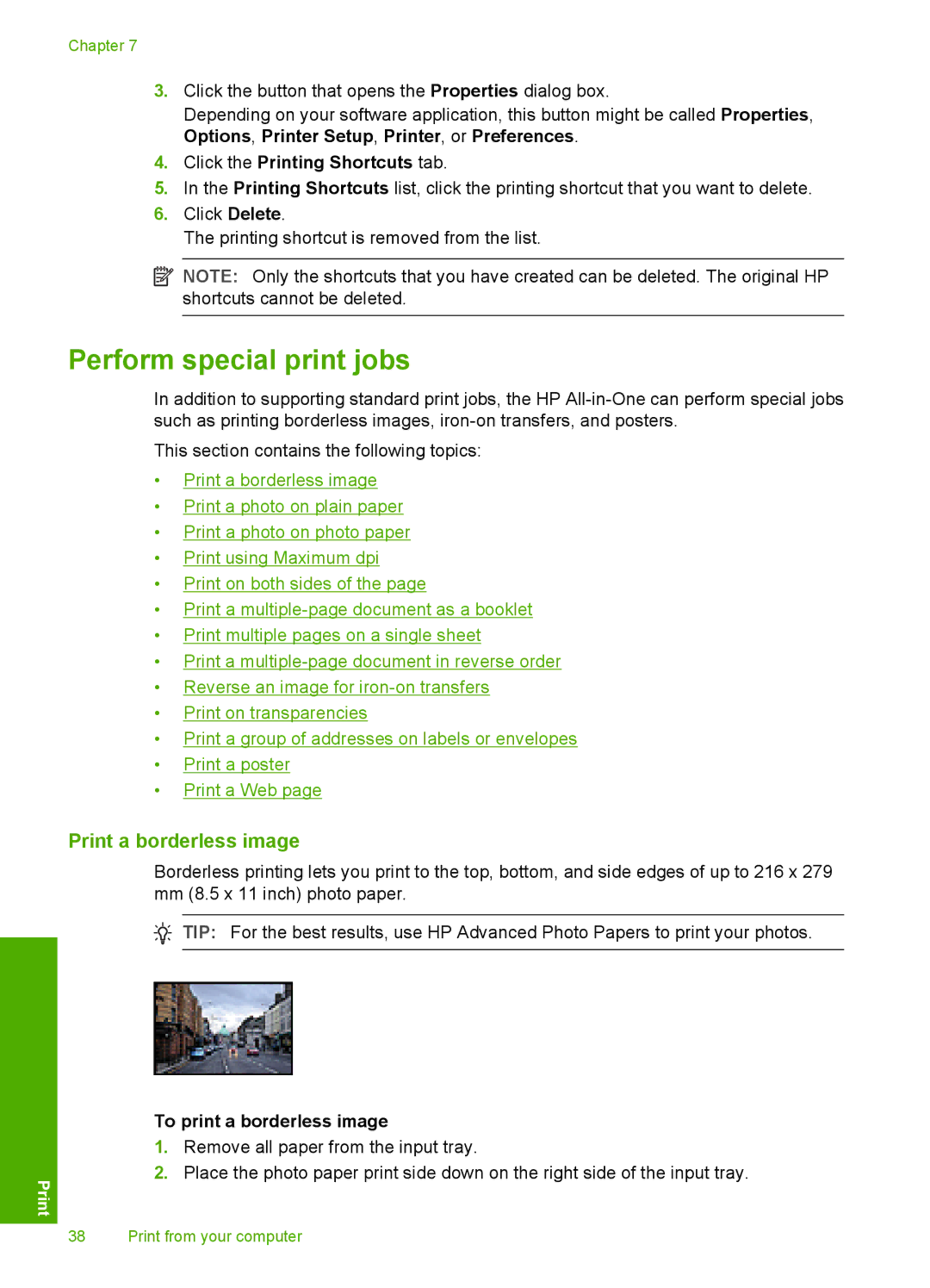 HP F4235, F4240, F4280 manual Perform special print jobs, Print a borderless image, To print a borderless image 