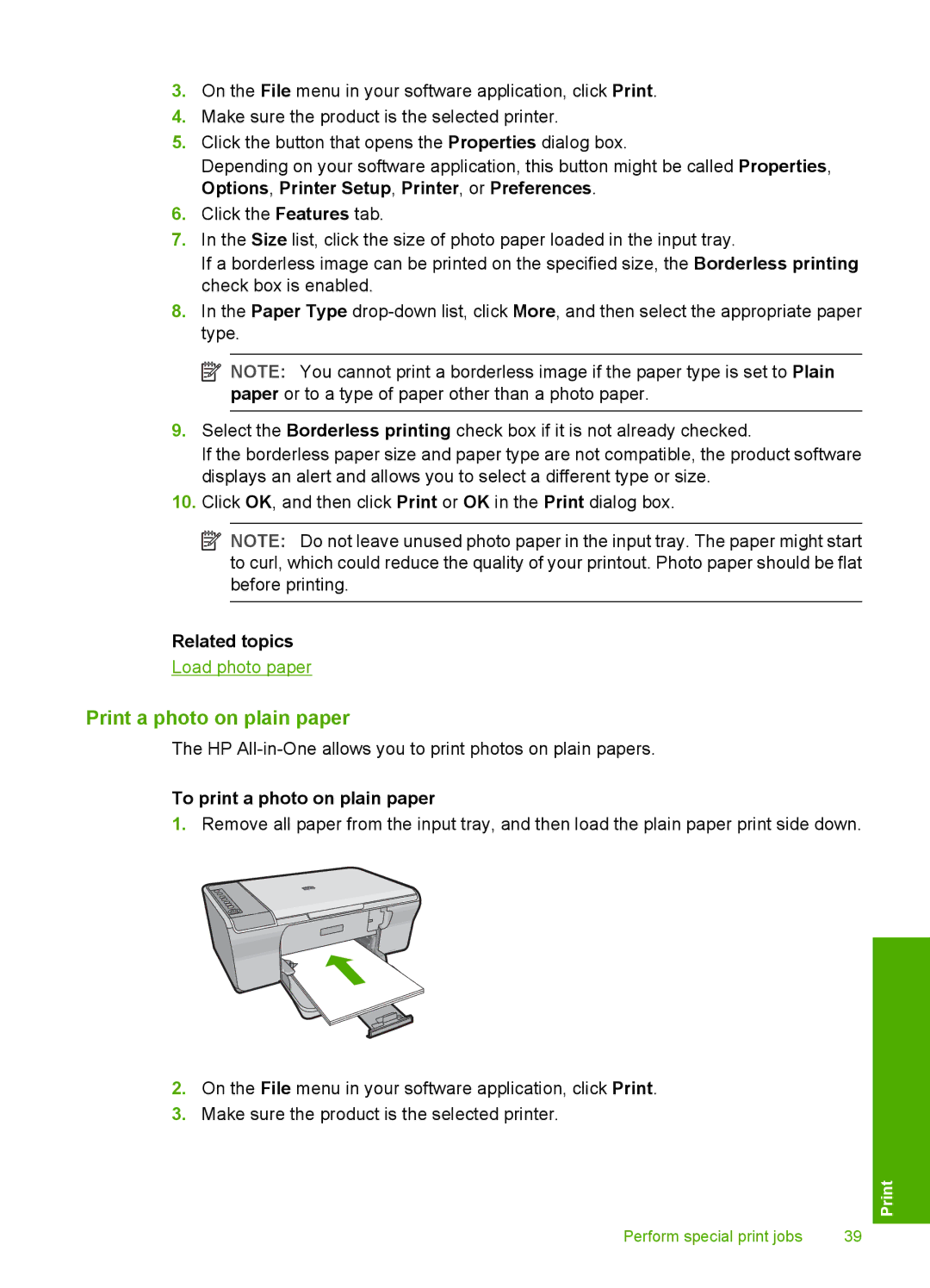 HP F4240, F4280, F4235 manual Print a photo on plain paper, To print a photo on plain paper 