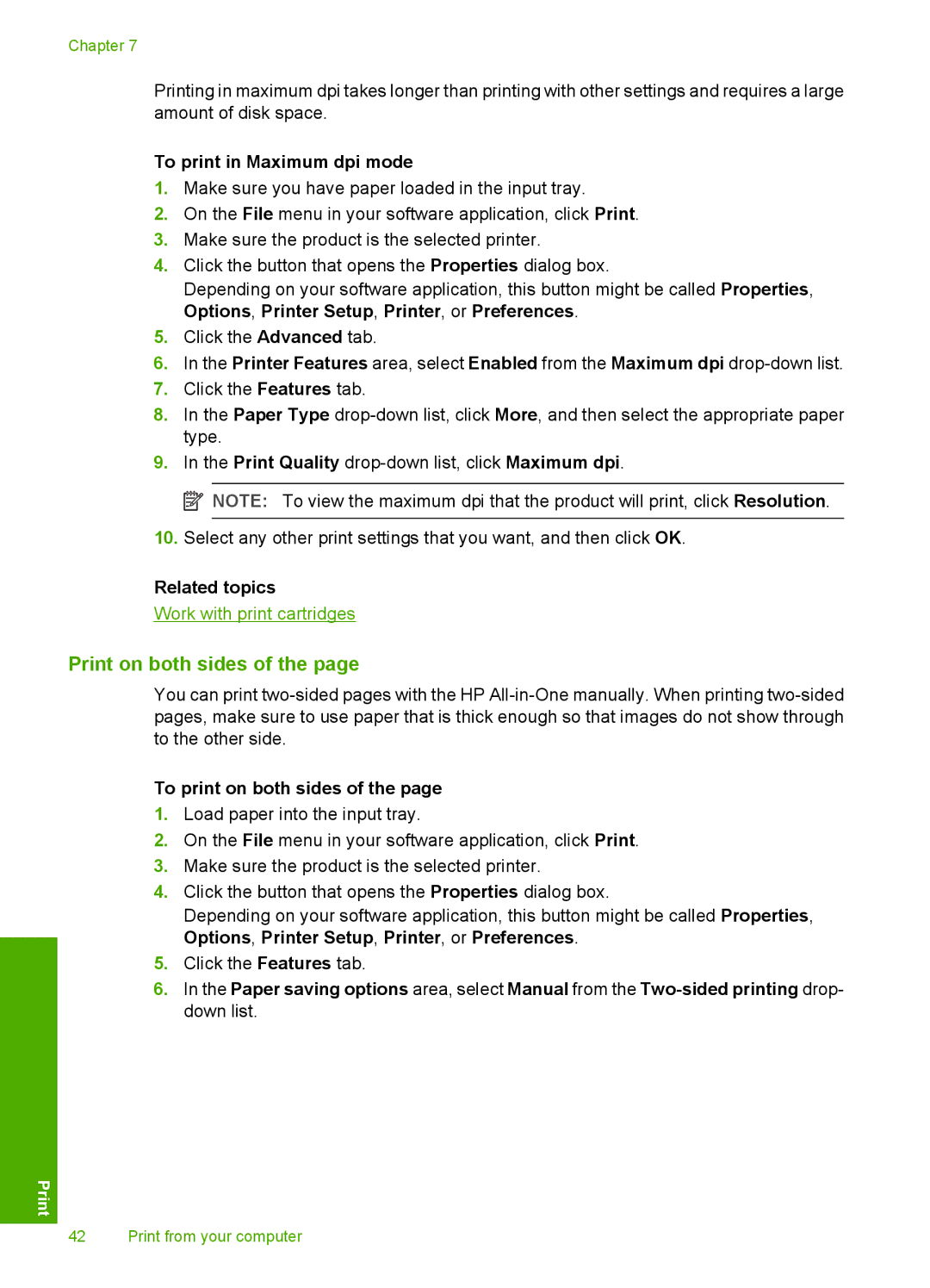 HP F4240, F4280, F4235 manual Print on both sides, To print in Maximum dpi mode, To print on both sides 