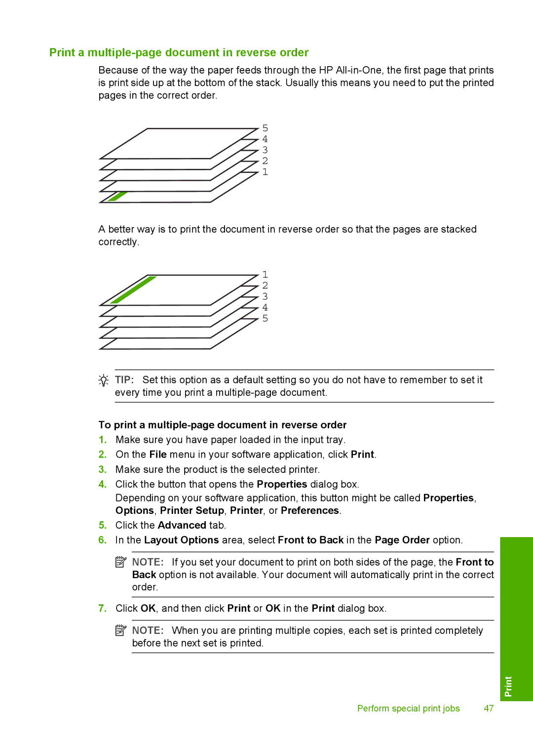 HP F4235, F4240, F4280 Print a multiple-page document in reverse order, To print a multiple-page document in reverse order 