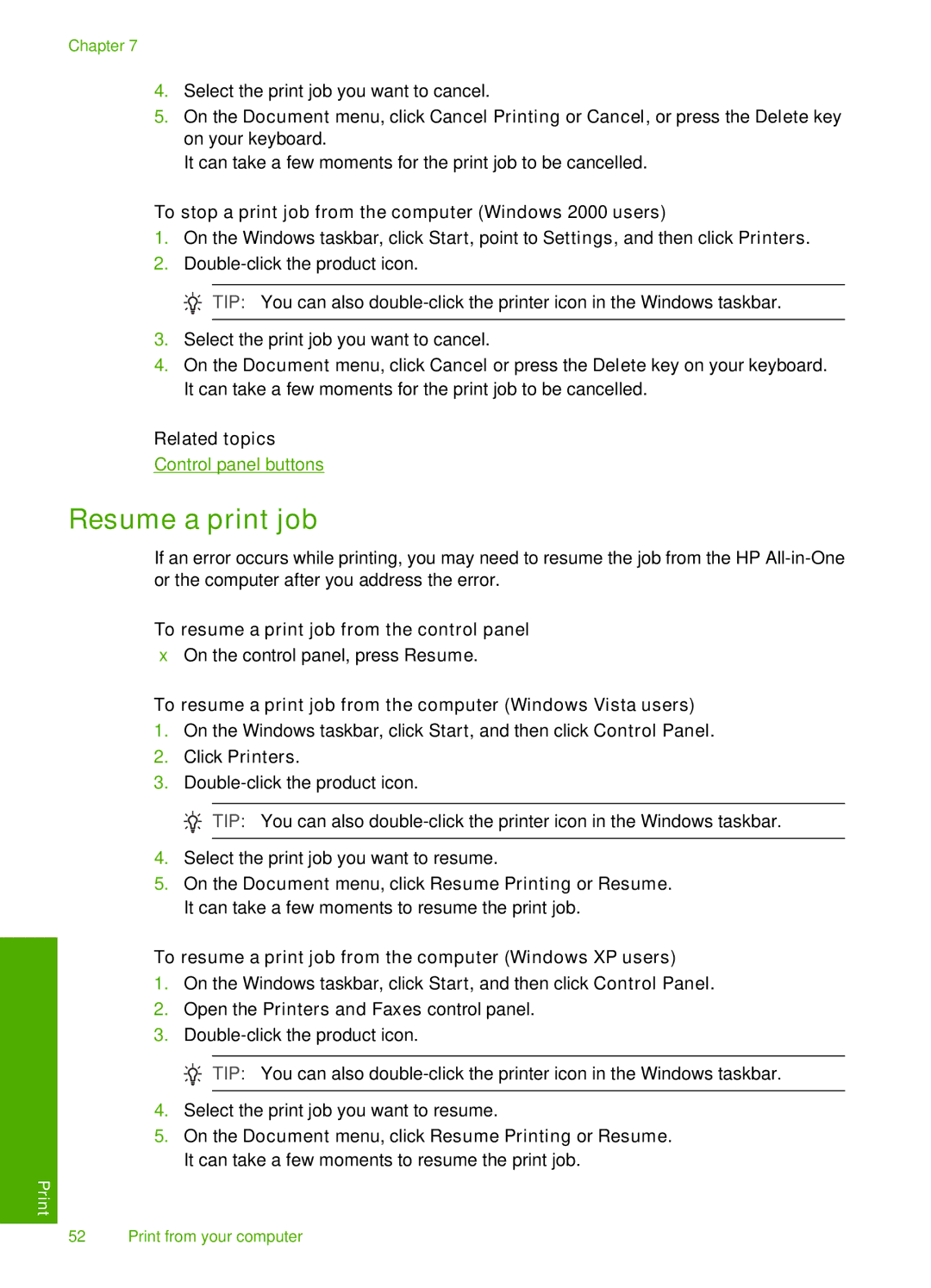 HP F4280, F4240, F4235 manual Resume a print job, To stop a print job from the computer Windows 2000 users 