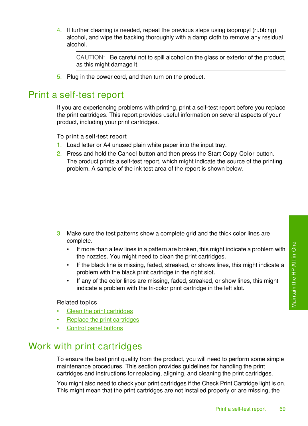 HP F4240, F4280, F4235 manual Print a self-test report, Work with print cartridges, To print a self-test report 