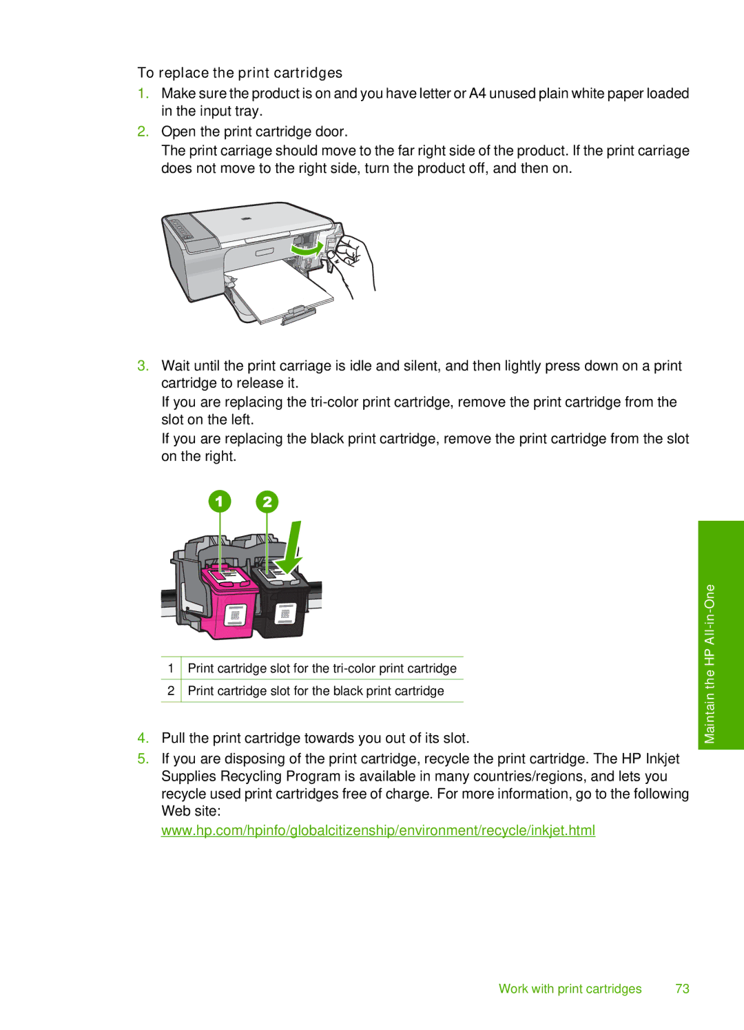 HP F4280, F4240, F4235 manual To replace the print cartridges 