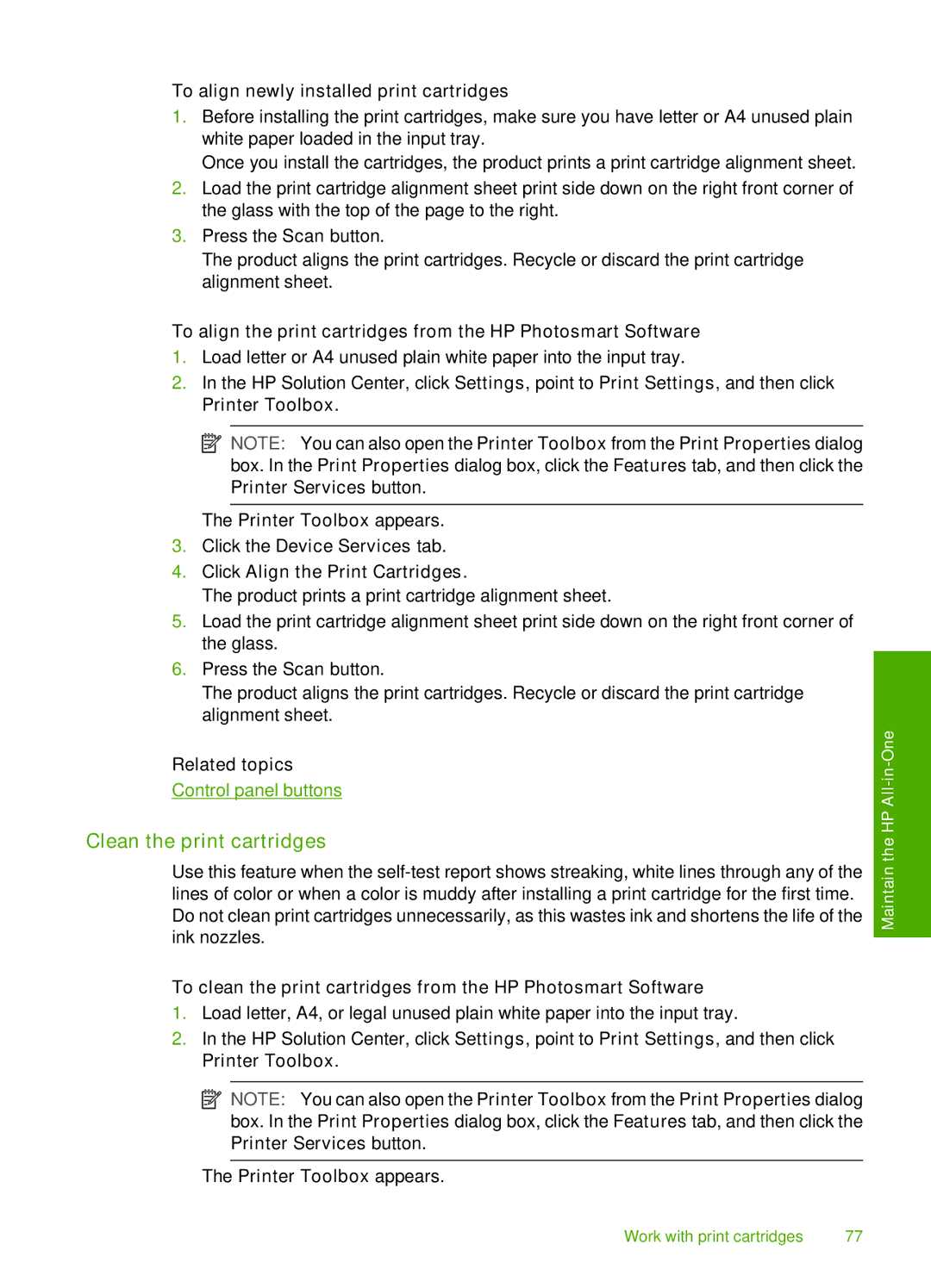 HP F4235, F4240, F4280 manual Clean the print cartridges, To align newly installed print cartridges, Printer Toolbox appears 