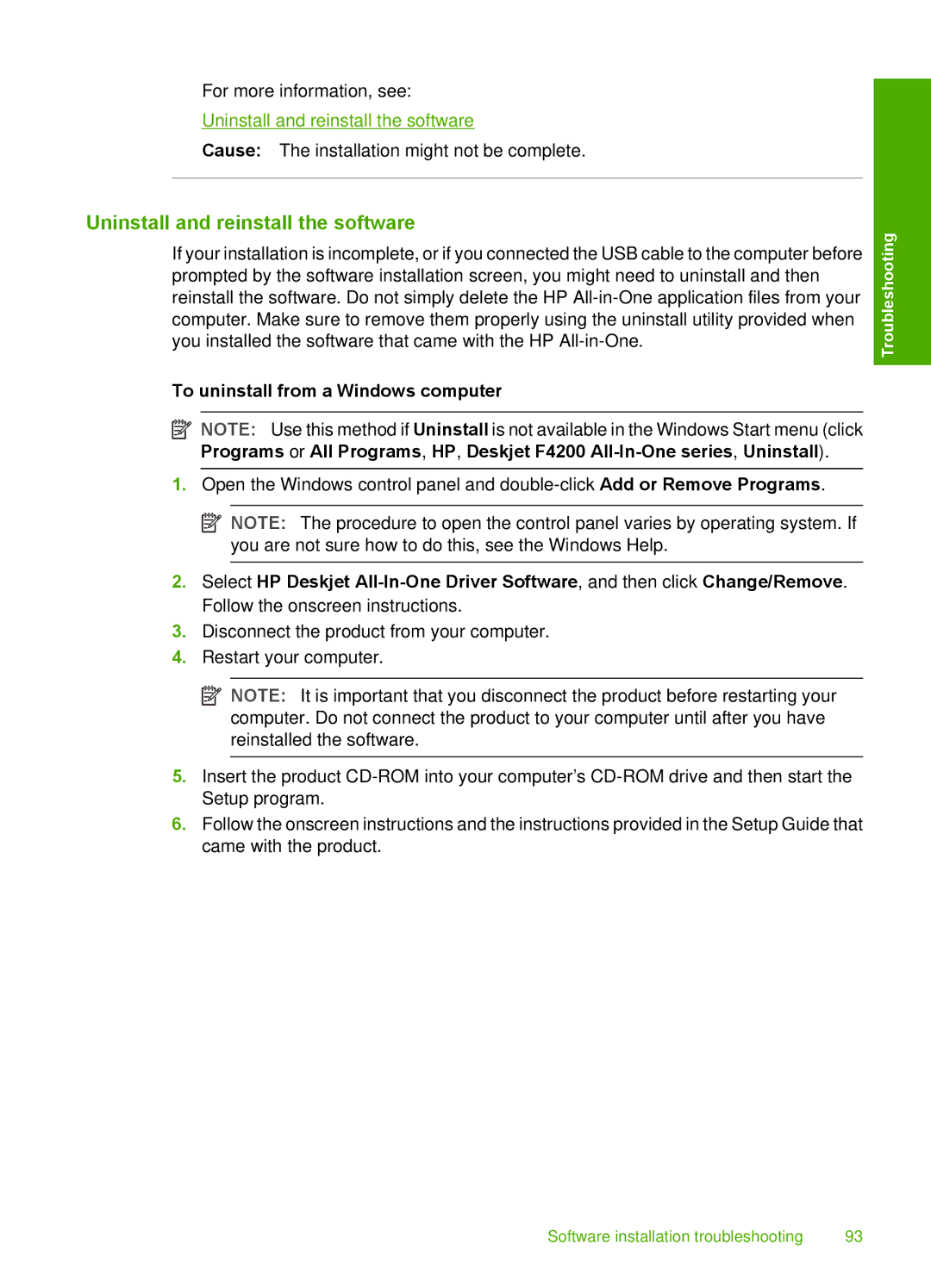 HP F4240, F4280, F4235 manual Uninstall and reinstall the software, To uninstall from a Windows computer 