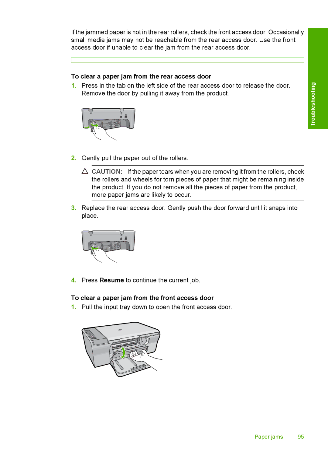 HP F4235, F4240, F4280 manual To clear a paper jam from the rear access door, To clear a paper jam from the front access door 