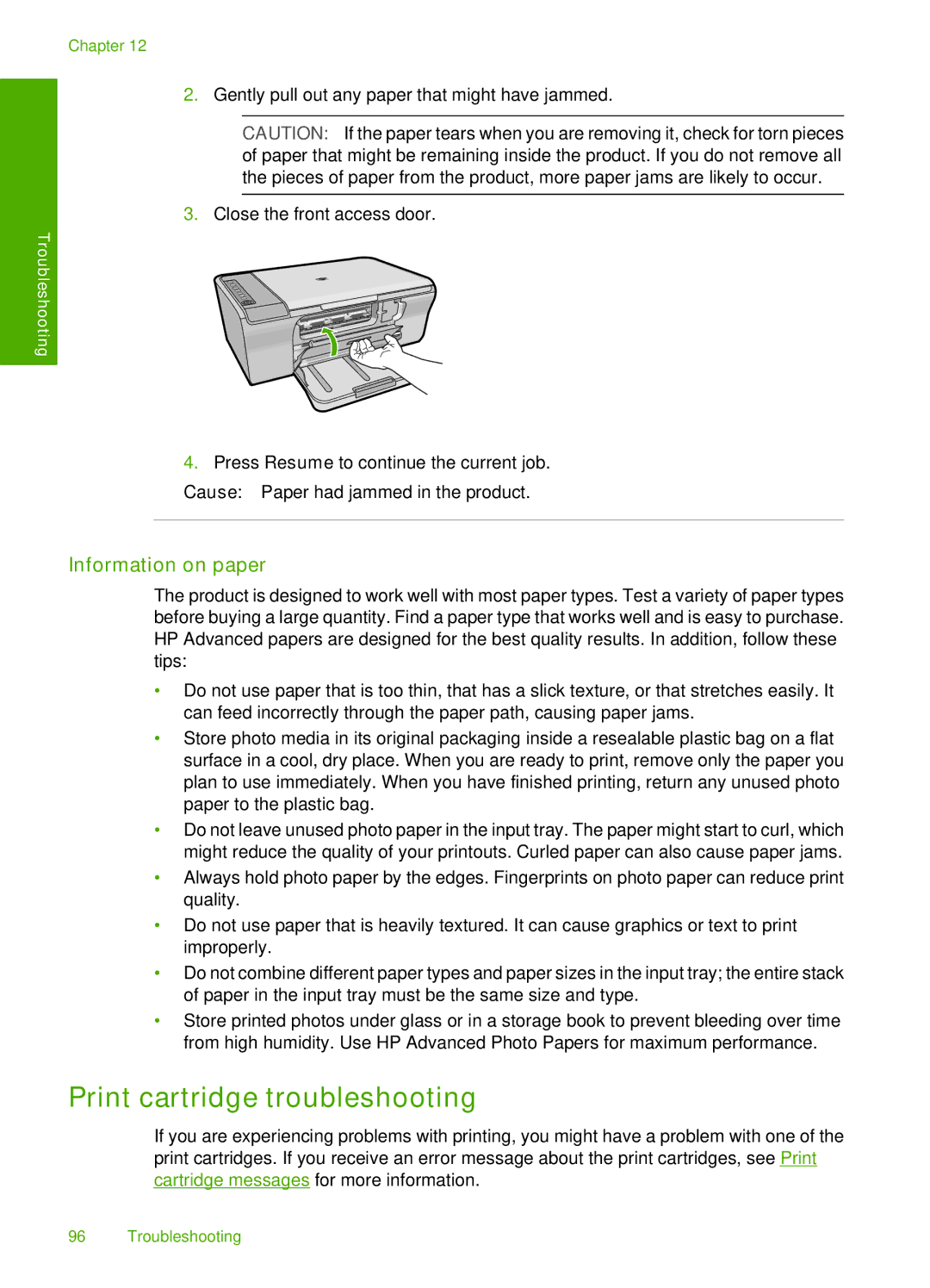 HP F4240, F4280, F4235 manual Print cartridge troubleshooting, Information on paper 