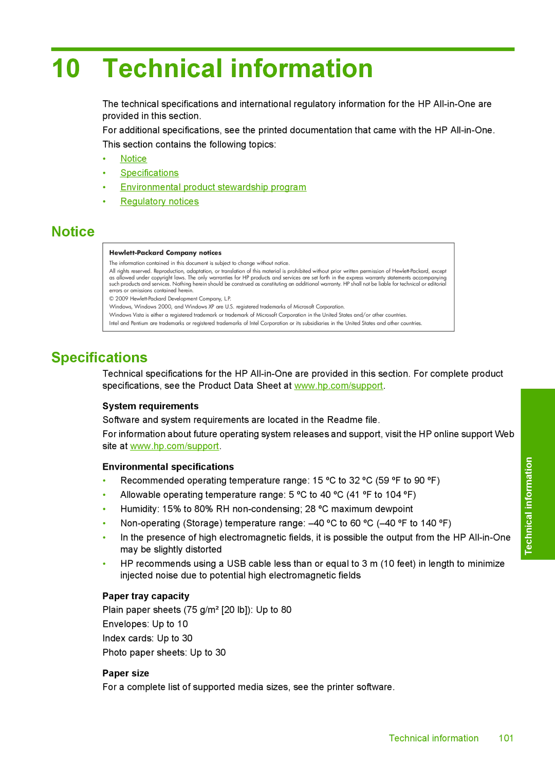 HP F4400 manual Technical information, Hewlett-Packard Company notices 