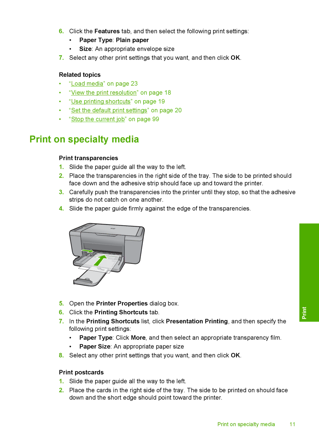 HP F4400 manual Print on specialty media, Paper Type Plain paper, Print transparencies, Click the Printing Shortcuts tab 