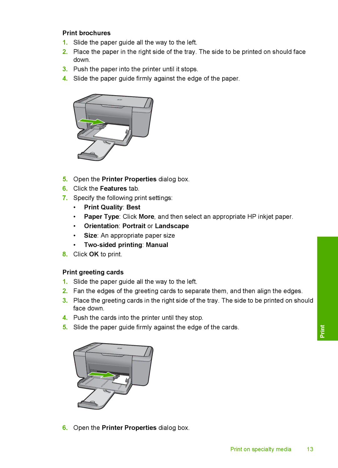 HP F4400 manual Print brochures, Print Quality Best, Orientation Portrait or Landscape, Two-sided printing Manual 