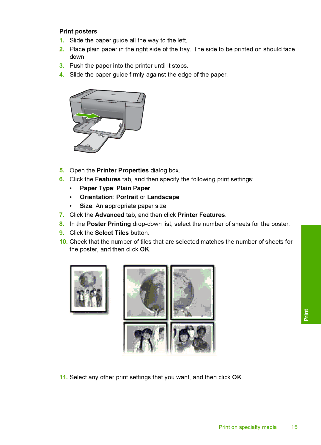 HP F4400 manual Print posters, Paper Type Plain Paper Orientation Portrait or Landscape 