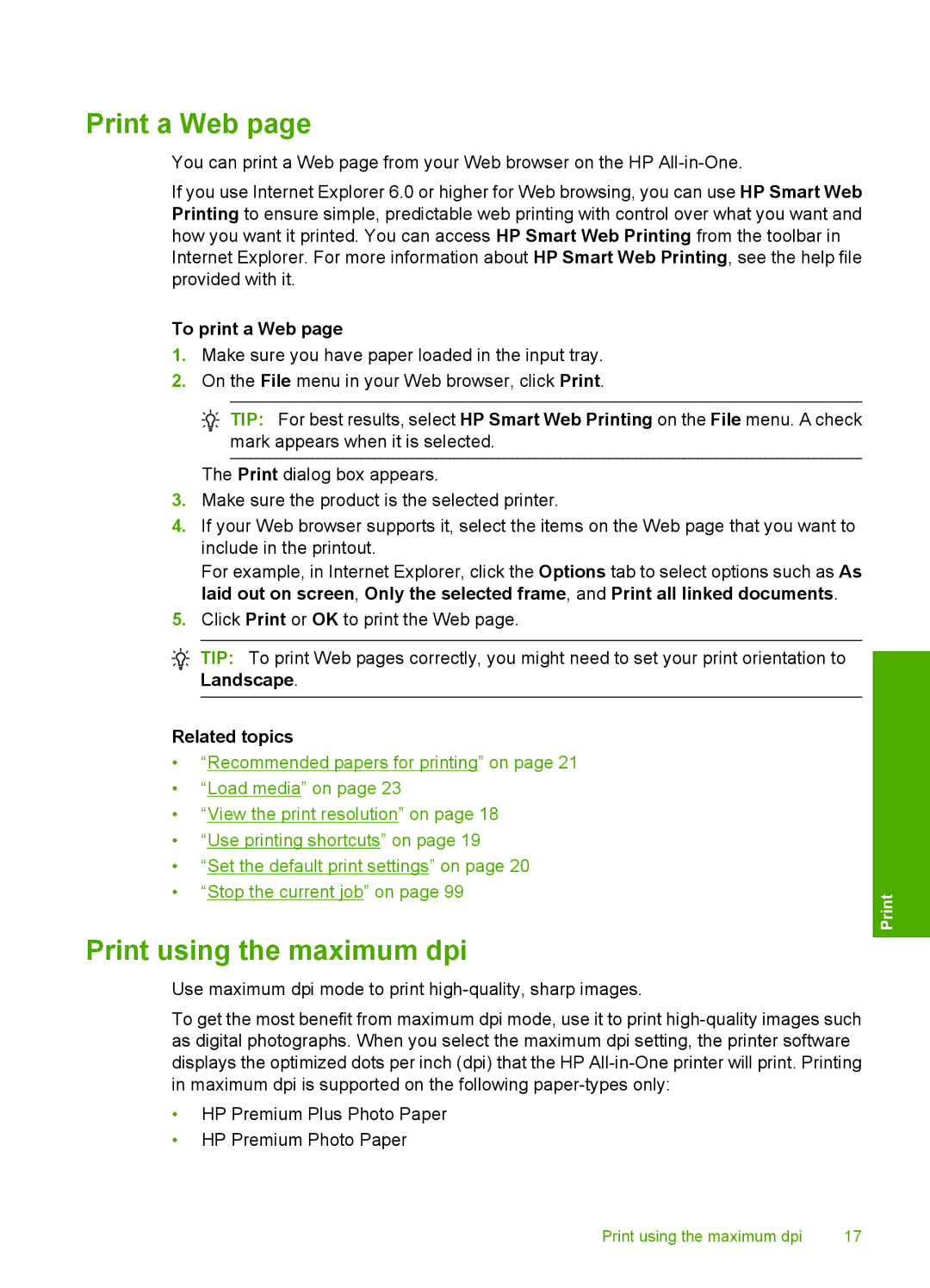 HP F4400 manual Print a Web, Print using the maximum dpi, To print a Web 