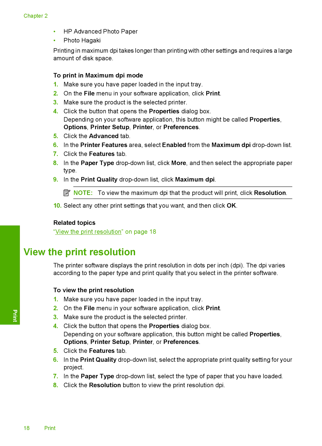 HP F4400 manual View the print resolution, To print in Maximum dpi mode, To view the print resolution 