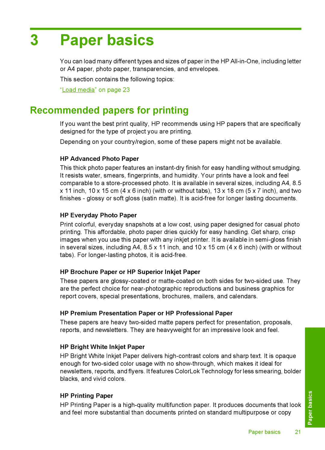 HP F4400 manual Paper basics, Recommended papers for printing 