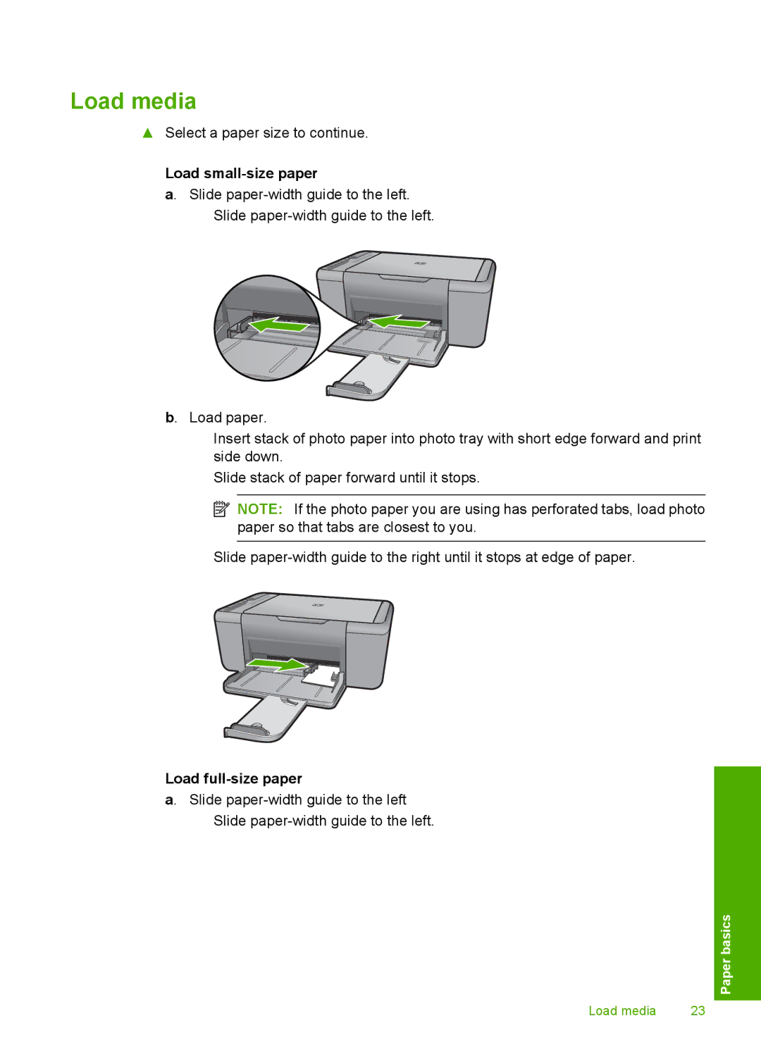 HP F4400 manual Load media, Load small-size paper, Load full-size paper 