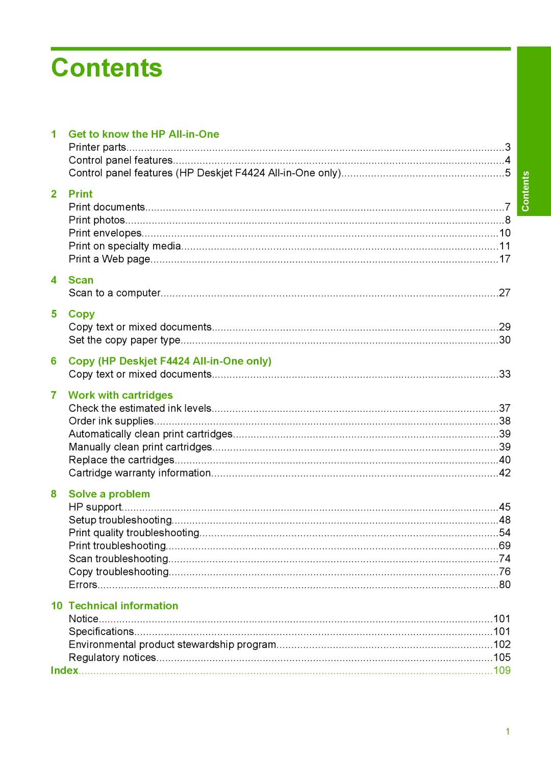 HP F4400 manual Contents 