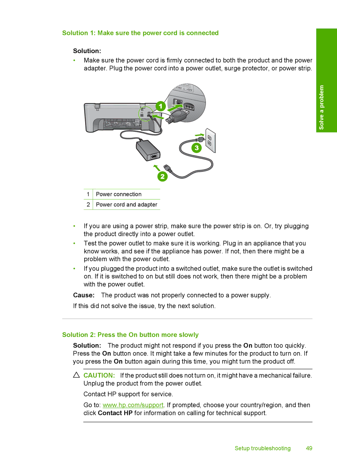 HP F4400 manual Solution 2 Press the On button more slowly 