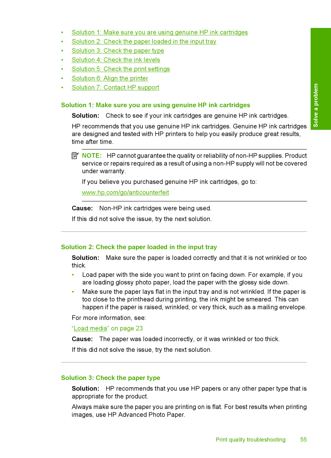 HP F4400 manual Solution 2 Check the paper loaded in the input tray, Solution 3 Check the paper type 