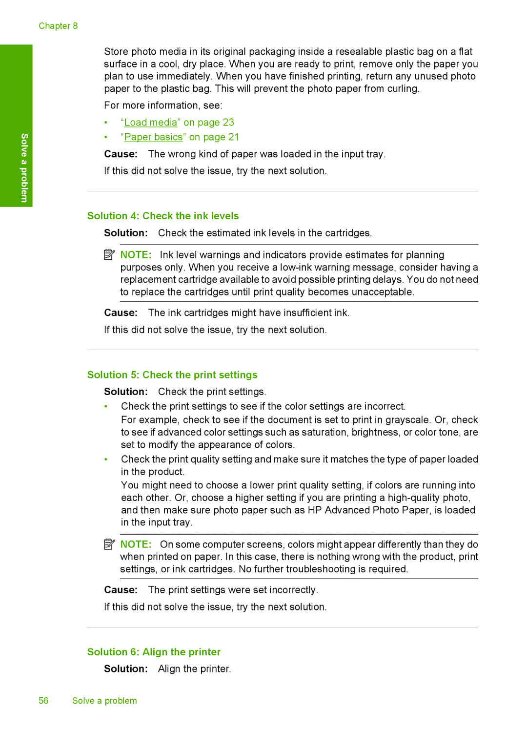 HP F4400 manual Solution 4 Check the ink levels, Solution 5 Check the print settings, Solution 6 Align the printer 