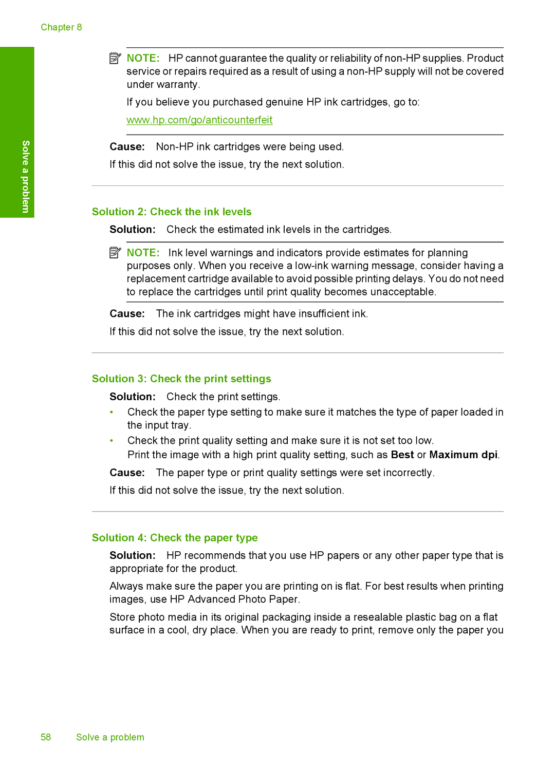 HP F4400 manual Solution 2 Check the ink levels, Solution 3 Check the print settings, Solution 4 Check the paper type 